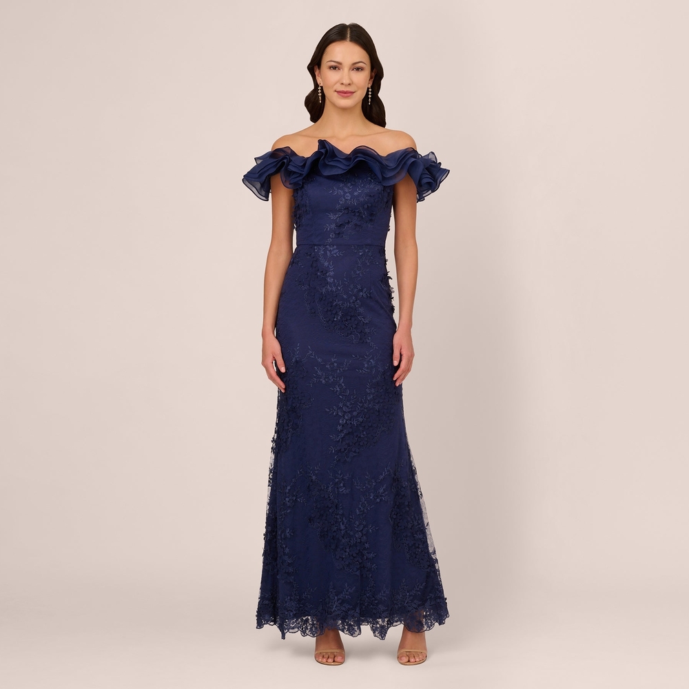 Adrianna Papell Strapless Navy Dress Floral Ruffle Top
